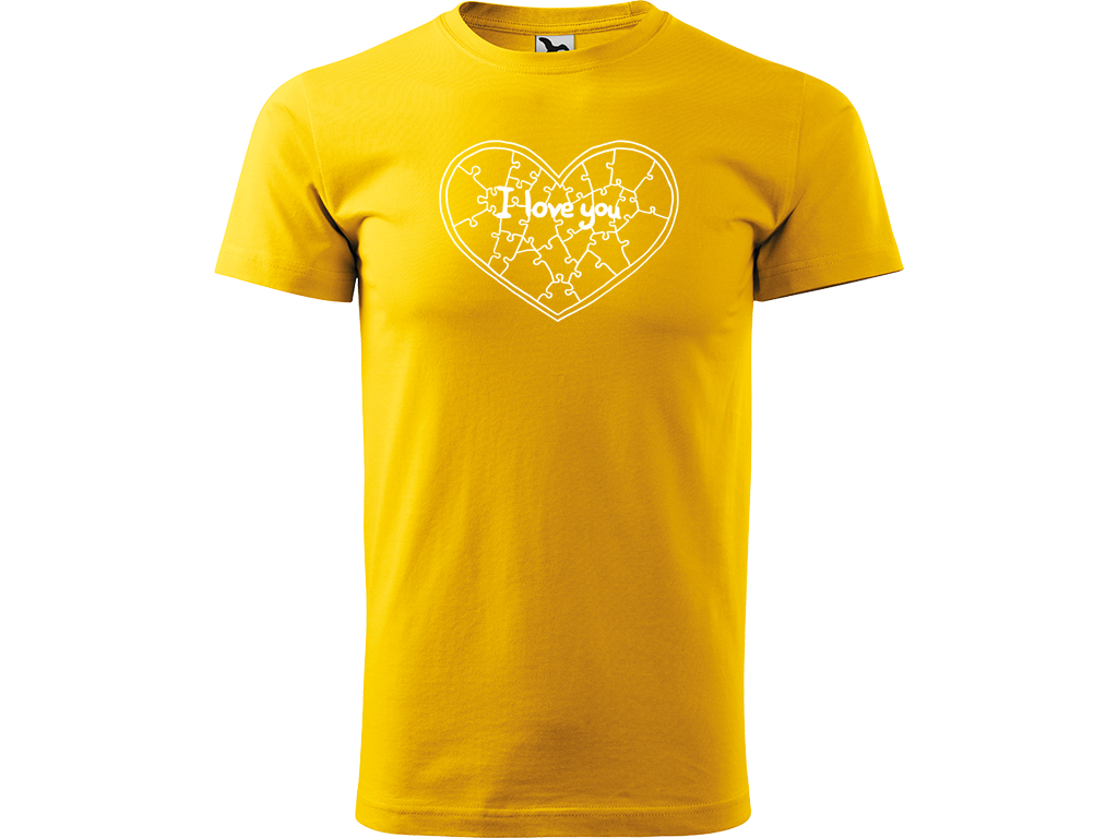 Ručně malované pánské bavlněné tričko - Puzzle Srdce Barva trička: ŽLUTÁ, Velikost trička: M, Barva motivu: BÍLÁ