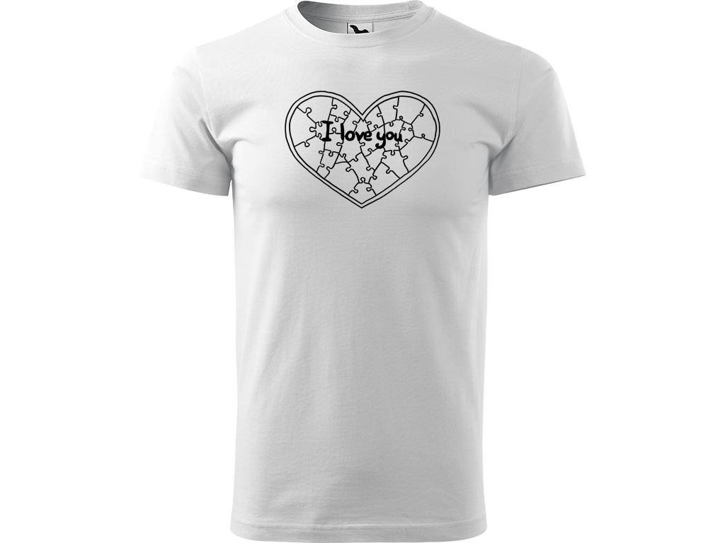 Ručně malované pánské bavlněné tričko - Puzzle Srdce Barva trička: BÍLÁ, Velikost trička: XL, Barva motivu: ČERNÁ
