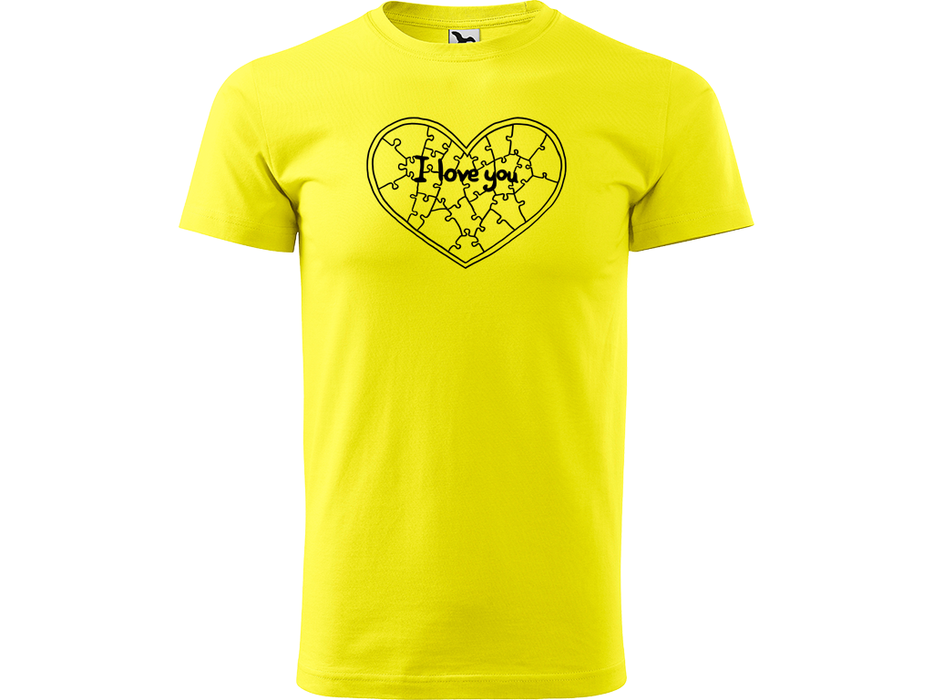 Ručně malované pánské bavlněné tričko - Puzzle Srdce Barva trička: CITRONOVÁ, Velikost trička: XXL, Barva motivu: ČERNÁ
