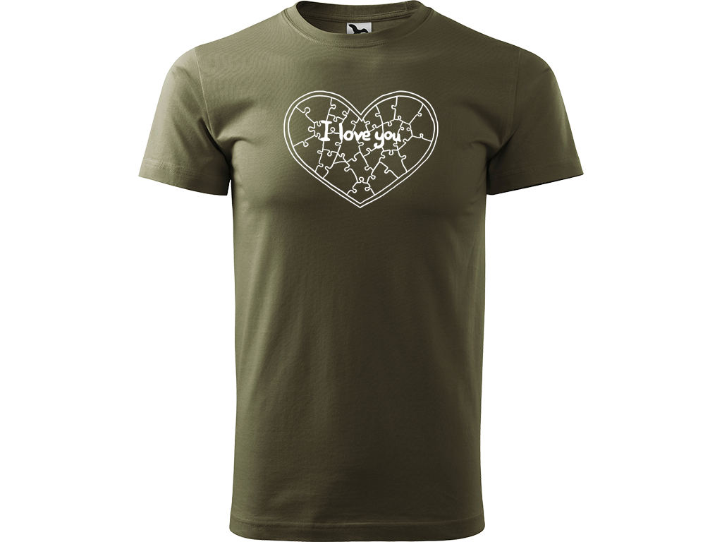 Ručně malované pánské bavlněné tričko - Puzzle Srdce Barva trička: ARMY, Velikost trička: XL, Barva motivu: BÍLÁ