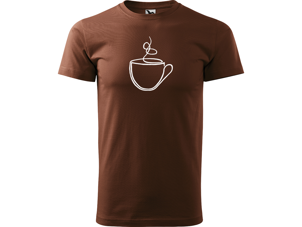 Ručně malované pánské bavlněné tričko - Jednotahový Šálek Barva trička: ČOKOLÁDOVÁ, Velikost trička: XXL, Barva motivu: BÍLÁ