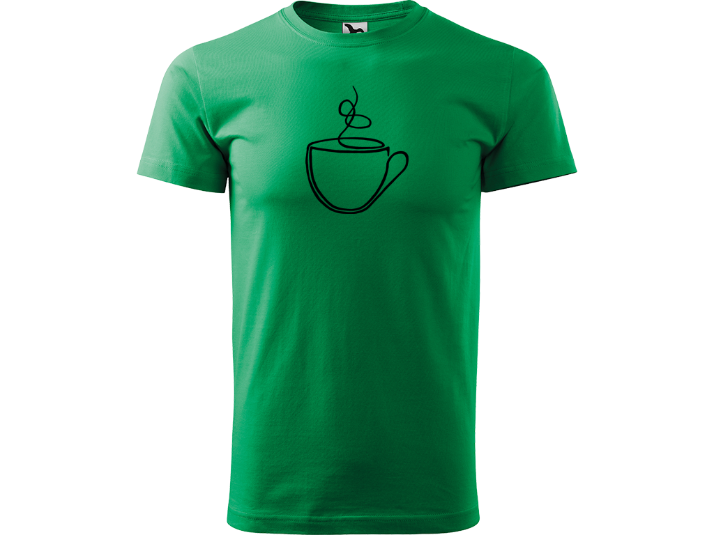 Ručně malované pánské bavlněné tričko - Jednotahový Šálek Barva trička: STŘEDNĚ ZELENÁ, Velikost trička: XL, Barva motivu: ČERNÁ