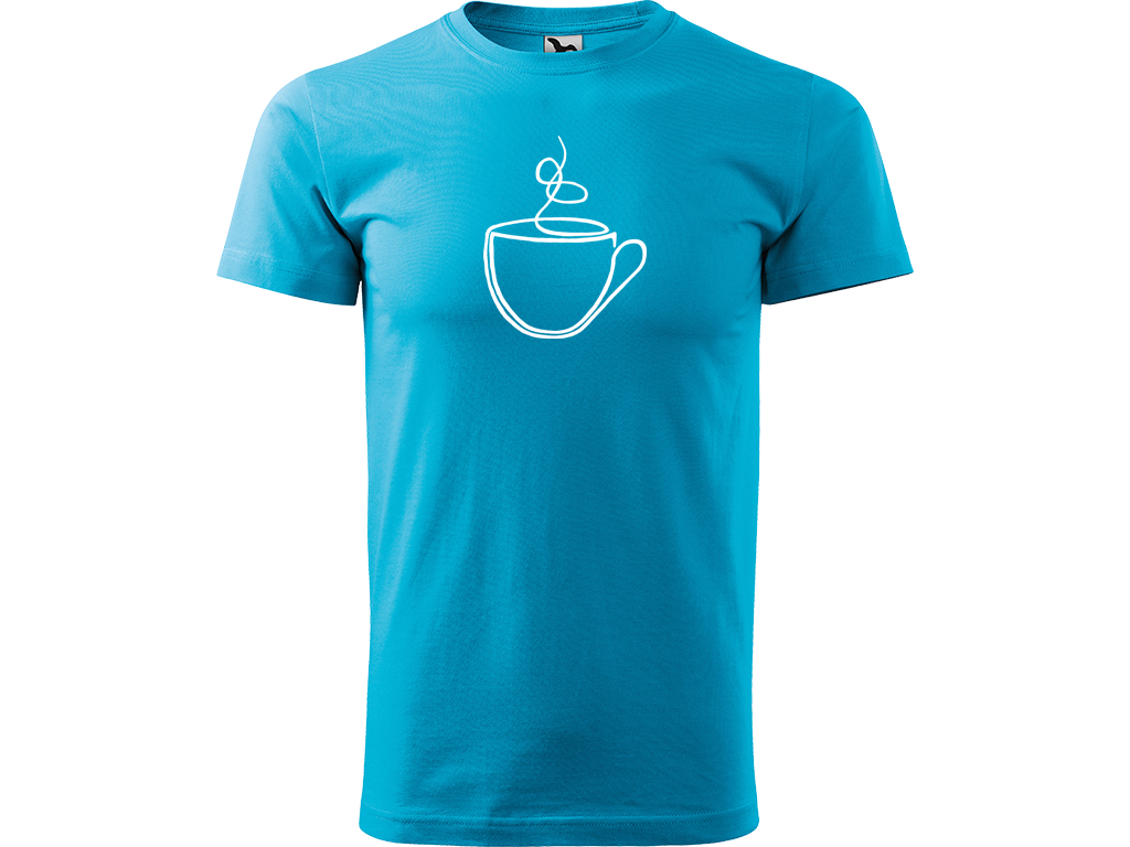 Ručně malované pánské bavlněné tričko - Jednotahový Šálek Barva trička: TYRKYSOVÁ, Velikost trička: M, Barva motivu: BÍLÁ