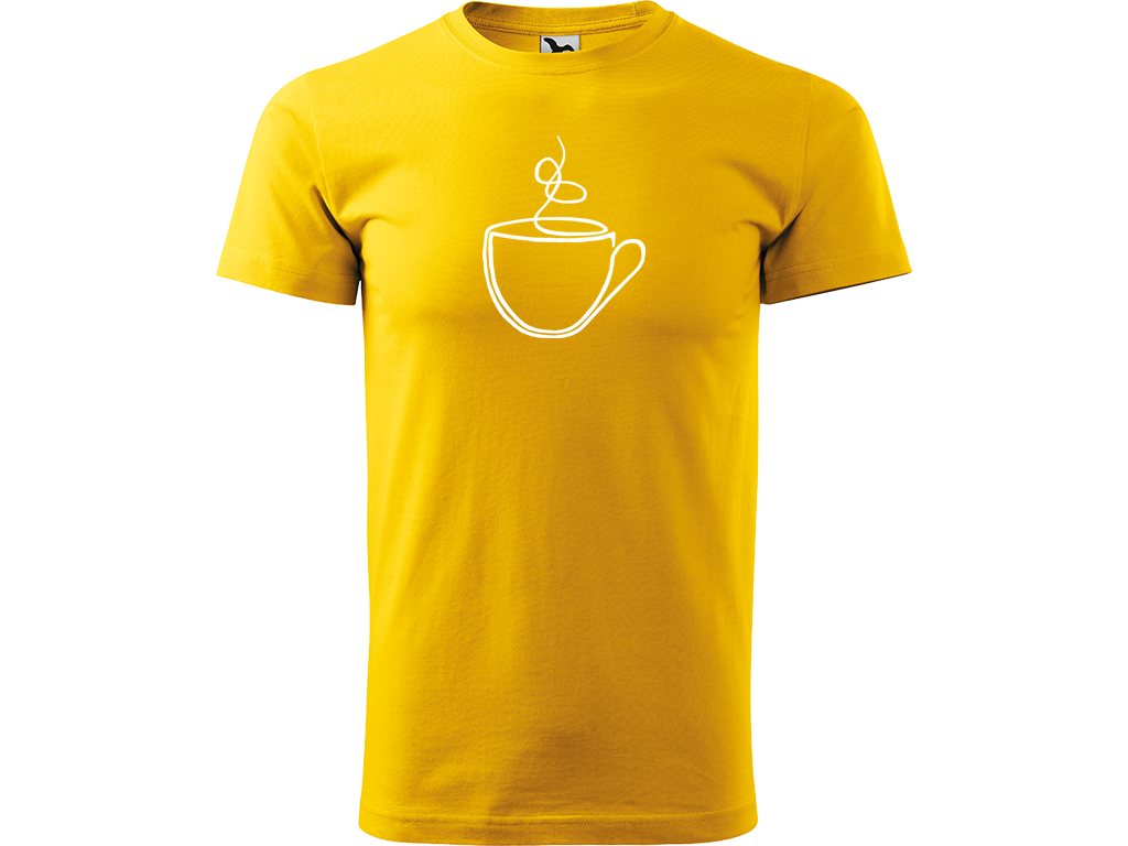 Ručně malované pánské bavlněné tričko - Jednotahový Šálek Barva trička: ŽLUTÁ, Velikost trička: M, Barva motivu: BÍLÁ