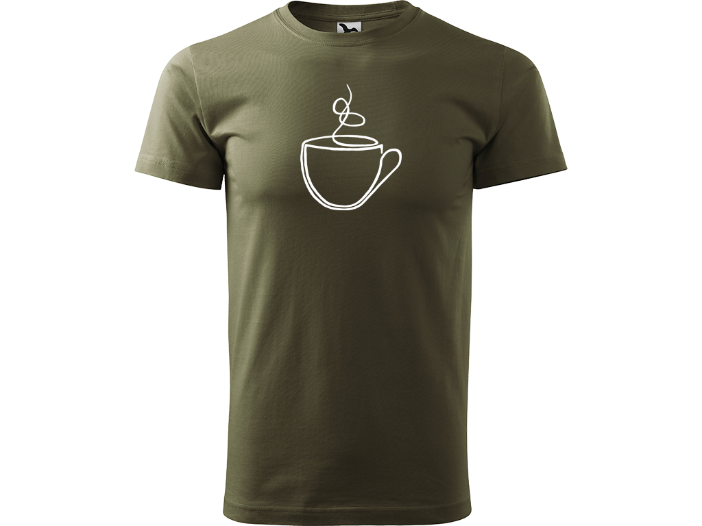 Ručně malované pánské bavlněné tričko - Jednotahový Šálek Barva trička: ARMY, Velikost trička: XL, Barva motivu: BÍLÁ