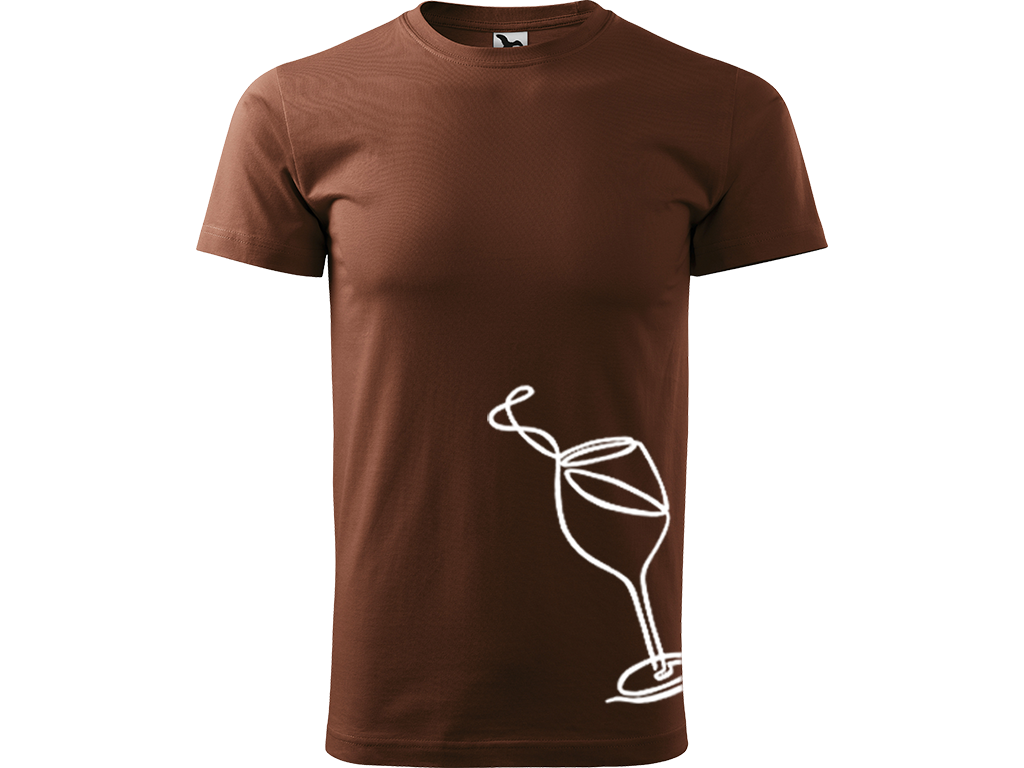Ručně malované pánské bavlněné tričko - Jednotahová Sklenička vína Barva trička: ČOKOLÁDOVÁ, Velikost trička: L, Barva motivu: BÍLÁ