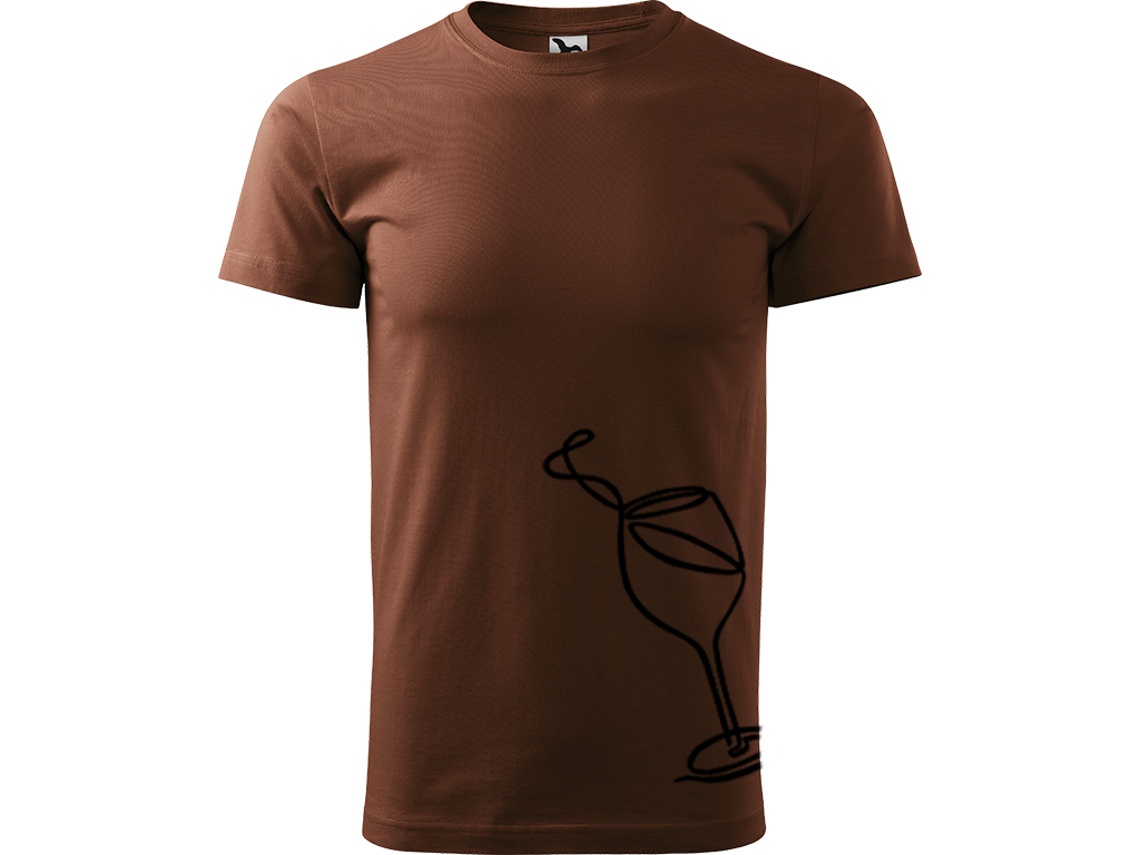 Ručně malované pánské bavlněné tričko - Jednotahová Sklenička vína Barva trička: ČOKOLÁDOVÁ, Velikost trička: XS, Barva motivu: ČERNÁ