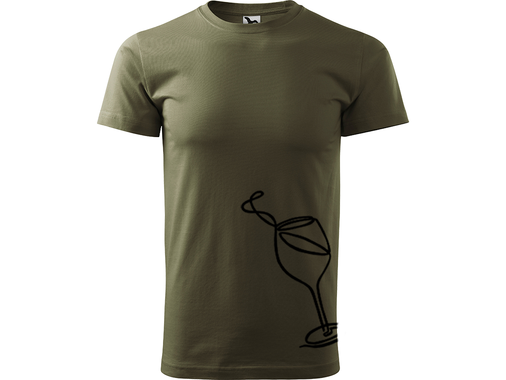 Ručně malované pánské bavlněné tričko - Jednotahová Sklenička vína Barva trička: ARMY, Velikost trička: S, Barva motivu: ČERNÁ
