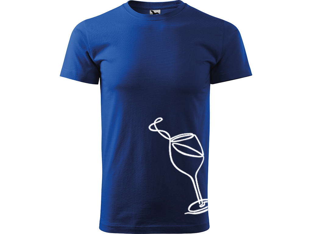 Ručně malované pánské bavlněné tričko - Jednotahová Sklenička vína Barva trička: MODRÁ, Velikost trička: XS, Barva motivu: BÍLÁ