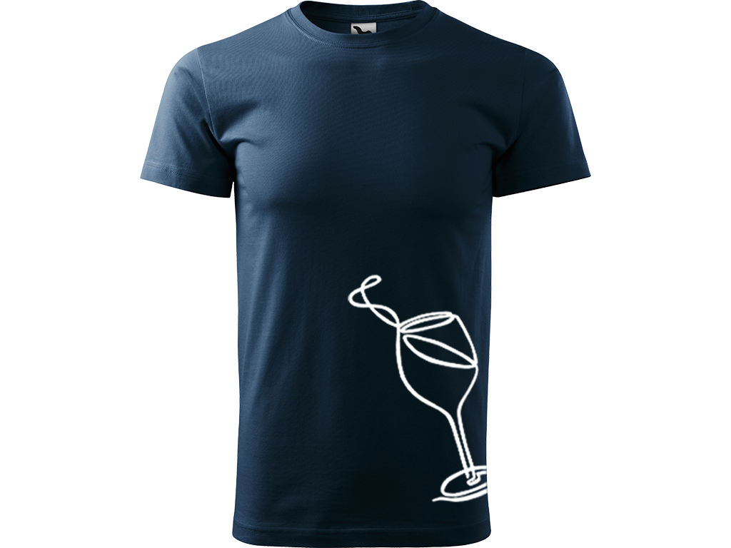 Ručně malované pánské bavlněné tričko - Jednotahová Sklenička vína Barva trička: NÁMOŘNICKÁ MODRÁ, Velikost trička: S, Barva motivu: BÍLÁ