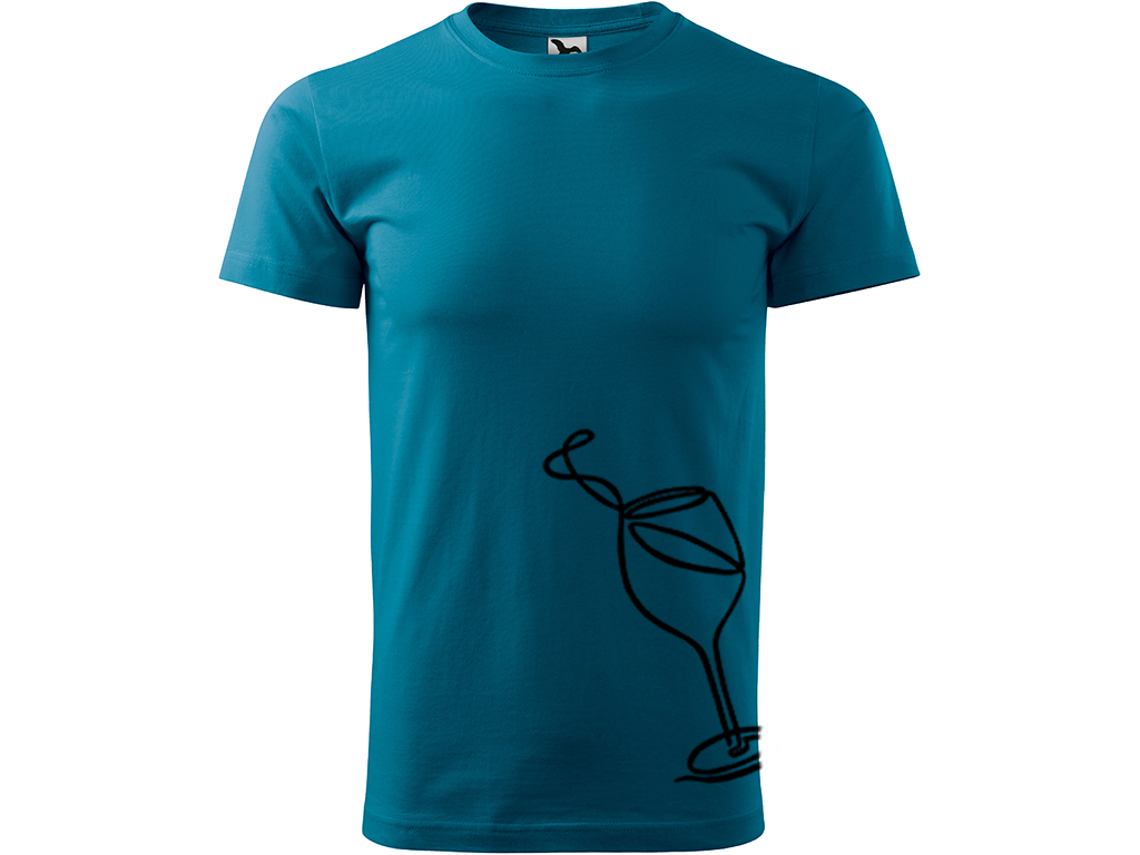 Ručně malované pánské bavlněné tričko - Jednotahová Sklenička vína Barva trička: PETROLEJOVÁ, Velikost trička: XXL, Barva motivu: ČERNÁ