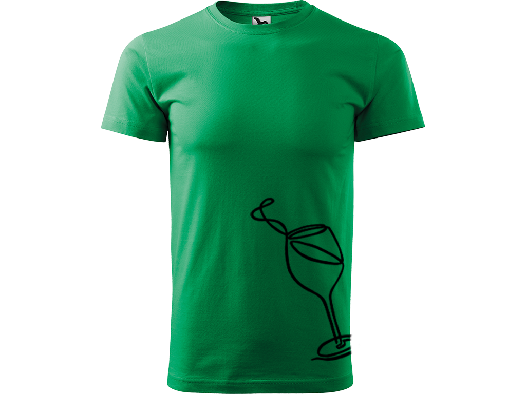 Ručně malované pánské bavlněné tričko - Jednotahová Sklenička vína Barva trička: STŘEDNĚ ZELENÁ, Velikost trička: XL, Barva motivu: ČERNÁ