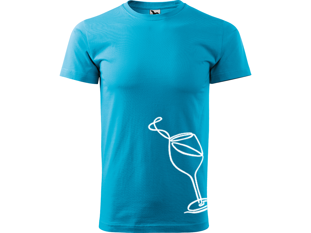 Ručně malované pánské bavlněné tričko - Jednotahová Sklenička vína Barva trička: TYRKYSOVÁ, Velikost trička: XXL, Barva motivu: BÍLÁ
