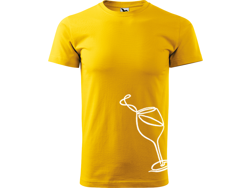 Ručně malované pánské bavlněné tričko - Jednotahová Sklenička vína Barva trička: ŽLUTÁ, Velikost trička: XL, Barva motivu: BÍLÁ