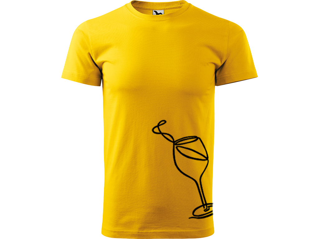 Ručně malované pánské bavlněné tričko - Jednotahová Sklenička vína Barva trička: ŽLUTÁ, Velikost trička: XXL, Barva motivu: ČERNÁ