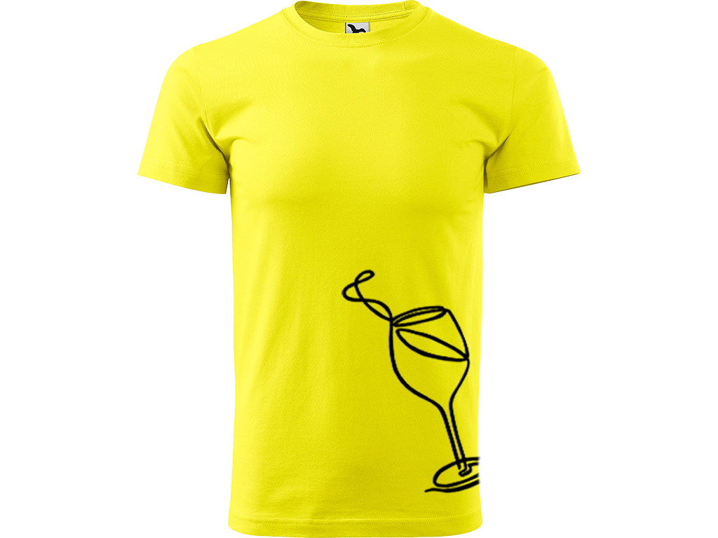 Ručně malované pánské bavlněné tričko - Jednotahová Sklenička vína Barva trička: CITRONOVÁ, Velikost trička: XL, Barva motivu: ČERNÁ
