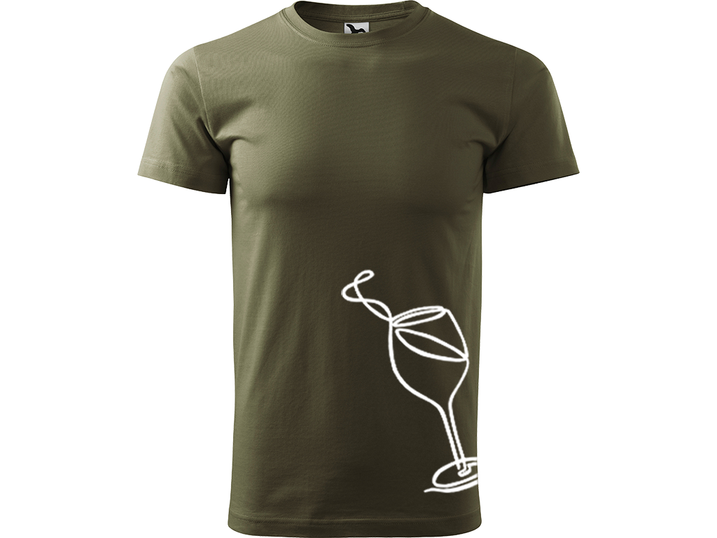 Ručně malované pánské bavlněné tričko - Jednotahová Sklenička vína Barva trička: ARMY, Velikost trička: S, Barva motivu: BÍLÁ