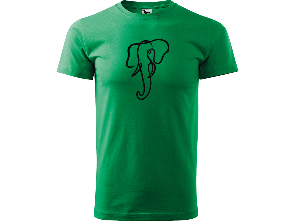 Ručně malované pánské bavlněné tričko - Jednotahový Slon Barva trička: STŘEDNĚ ZELENÁ, Velikost trička: XL, Barva motivu: ČERNÁ