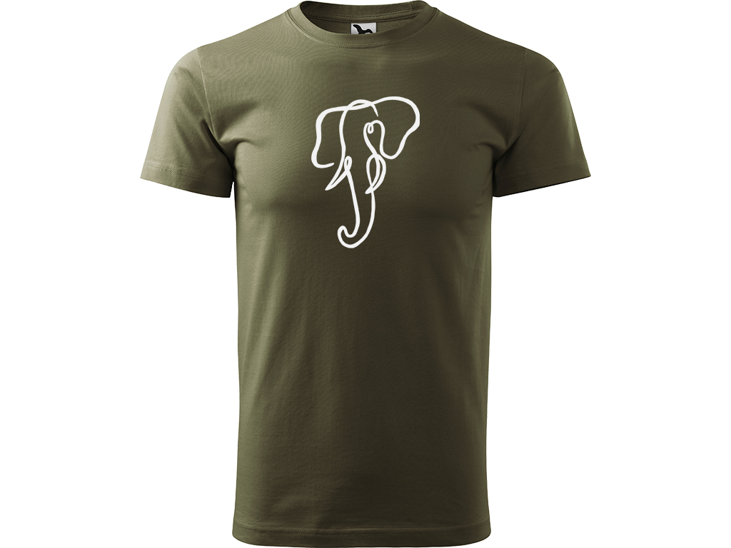 Ručně malované pánské bavlněné tričko - Jednotahový Slon Barva trička: ARMY, Velikost trička: L, Barva motivu: BÍLÁ