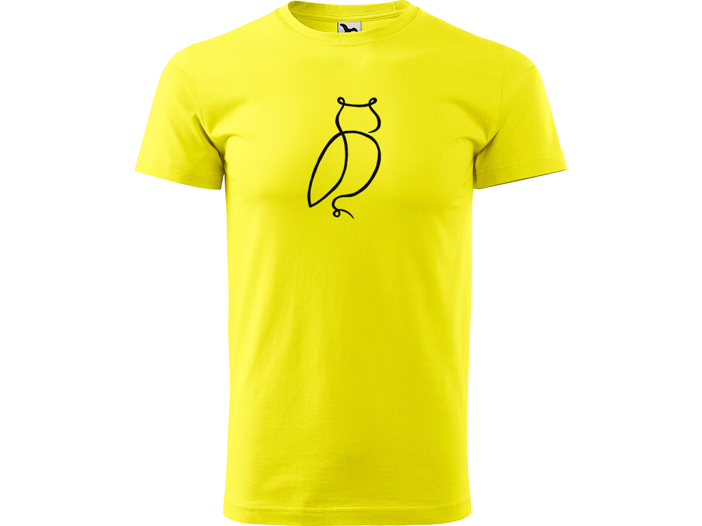 Ručně malované pánské bavlněné tričko - Jednotahová Sova Barva trička: CITRONOVÁ, Velikost trička: S, Barva motivu: ČERNÁ