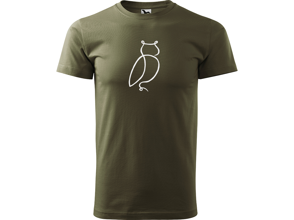 Ručně malované pánské bavlněné tričko - Jednotahová Sova Barva trička: ARMY, Velikost trička: S, Barva motivu: BÍLÁ