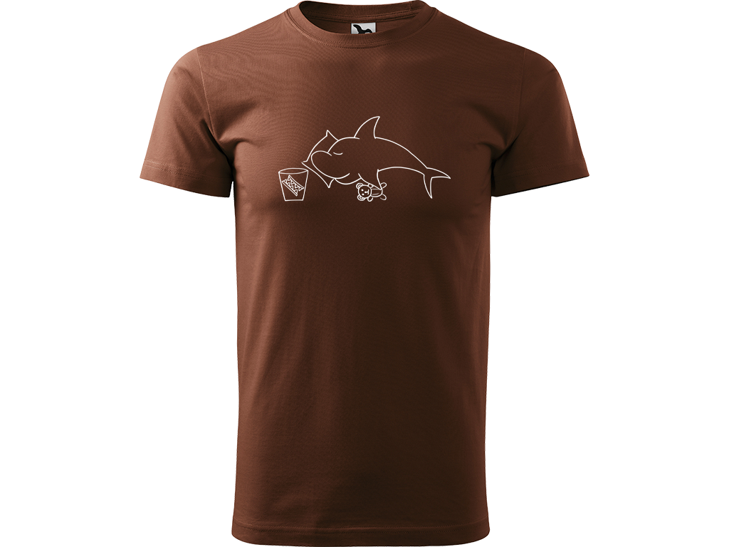 Ručně malované pánské bavlněné tričko - Spící Žralok Barva trička: ČOKOLÁDOVÁ, Velikost trička: XS, Barva motivu: BÍLÁ