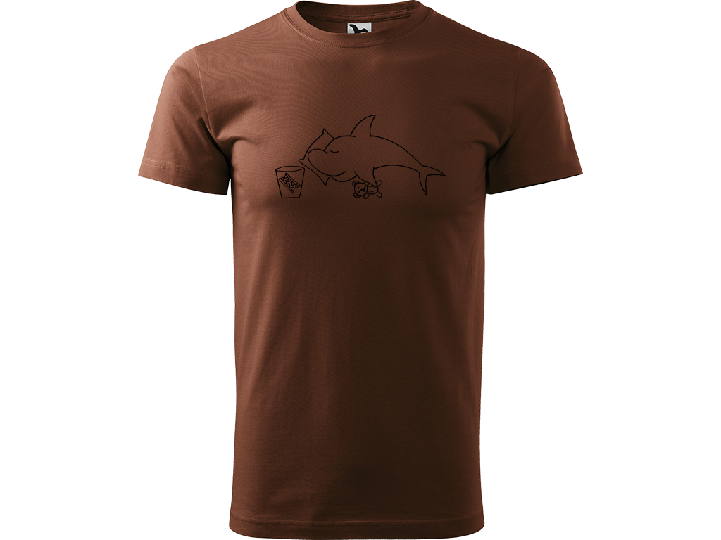 Ručně malované pánské bavlněné tričko - Spící Žralok Barva trička: ČOKOLÁDOVÁ, Velikost trička: L, Barva motivu: ČERNÁ