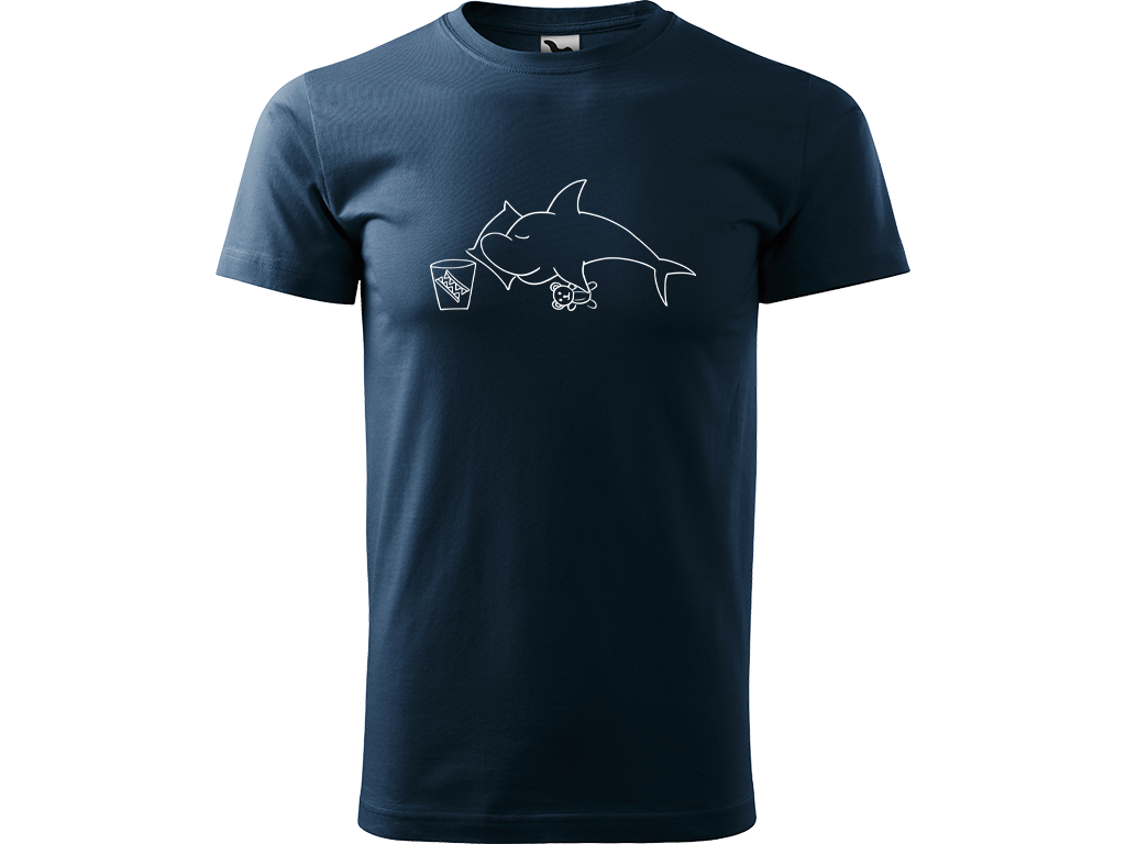 Ručně malované pánské bavlněné tričko - Spící Žralok Barva trička: NÁMOŘNICKÁ MODRÁ, Velikost trička: S, Barva motivu: BÍLÁ