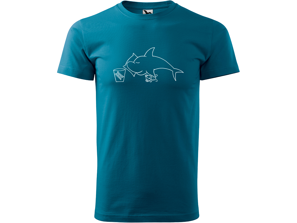 Ručně malované pánské bavlněné tričko - Spící Žralok Barva trička: PETROLEJOVÁ, Velikost trička: XS, Barva motivu: BÍLÁ
