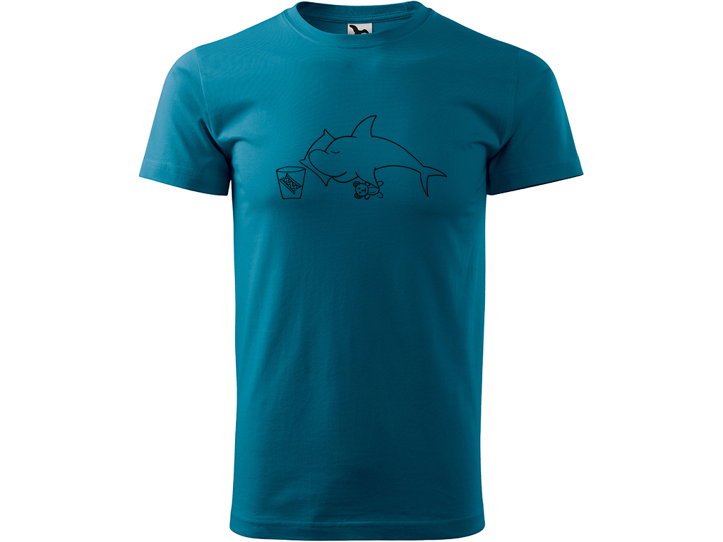 Ručně malované pánské bavlněné tričko - Spící Žralok Barva trička: PETROLEJOVÁ, Velikost trička: XXL, Barva motivu: ČERNÁ