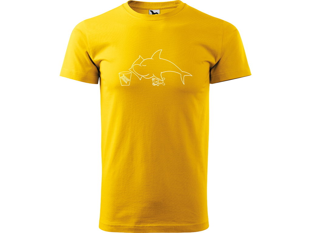 Ručně malované pánské bavlněné tričko - Spící Žralok Barva trička: ŽLUTÁ, Velikost trička: S, Barva motivu: BÍLÁ