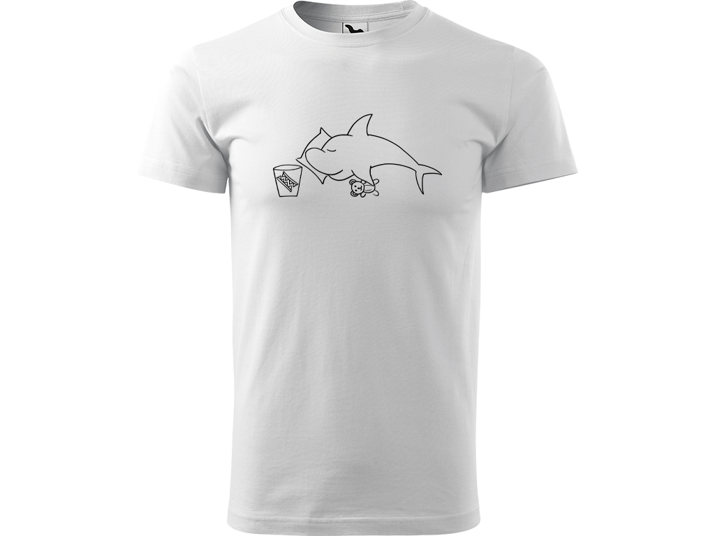Ručně malované pánské bavlněné tričko - Spící Žralok Barva trička: BÍLÁ, Velikost trička: XL, Barva motivu: ČERNÁ