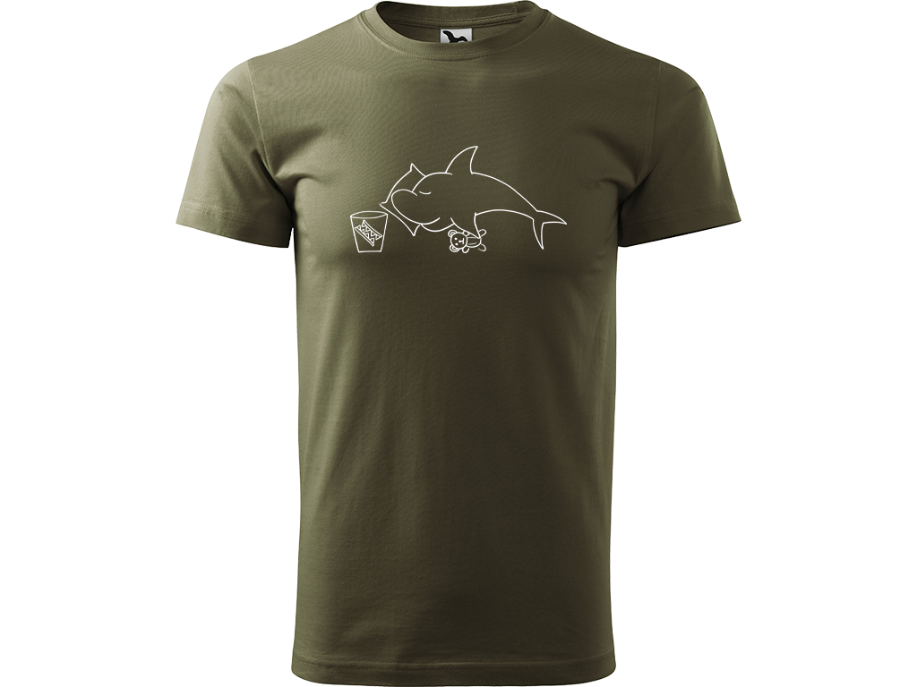 Ručně malované pánské bavlněné tričko - Spící Žralok Barva trička: ARMY, Velikost trička: XS, Barva motivu: BÍLÁ