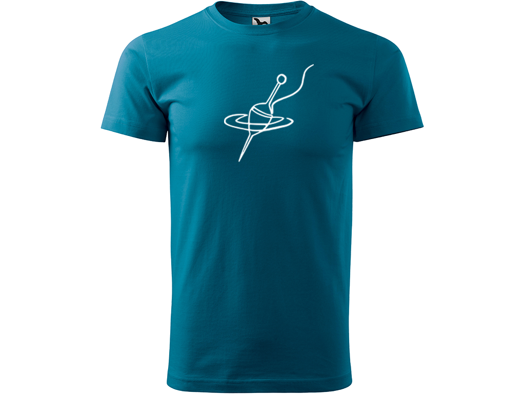 Ručně malované pánské bavlněné tričko - Jednotahový Splávek Barva trička: PETROLEJOVÁ, Velikost trička: XL, Barva motivu: BÍLÁ