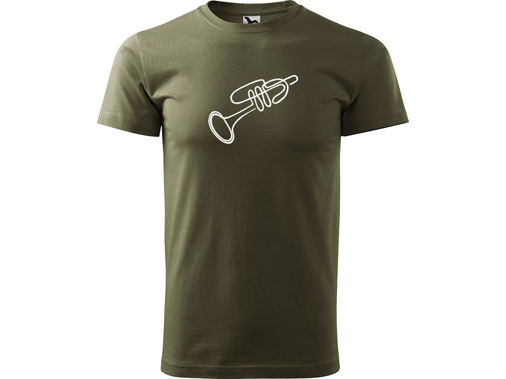 Ručně malované pánské bavlněné tričko - Jednotahová Trumpeta - 2 Barva trička: ARMY, Velikost trička: S, Barva motivu: BÍLÁ