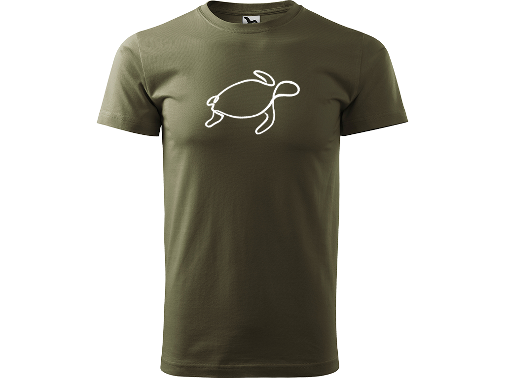 Ručně malované pánské bavlněné tričko - Jednotahová Želva Barva trička: ARMY, Velikost trička: M, Barva motivu: BÍLÁ