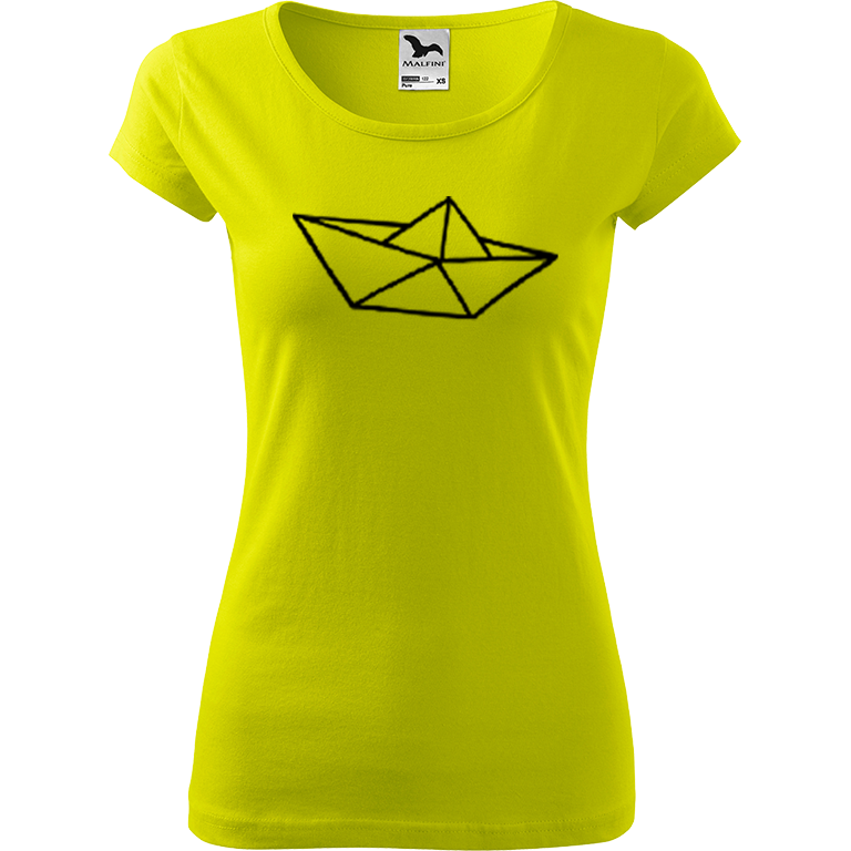 Ručně malované dámské bavlněné tričko - Papírová loďka 1 Barva trička: LIMETKOVÁ, Velikost trička: M, Barva motivu: ČERNÁ