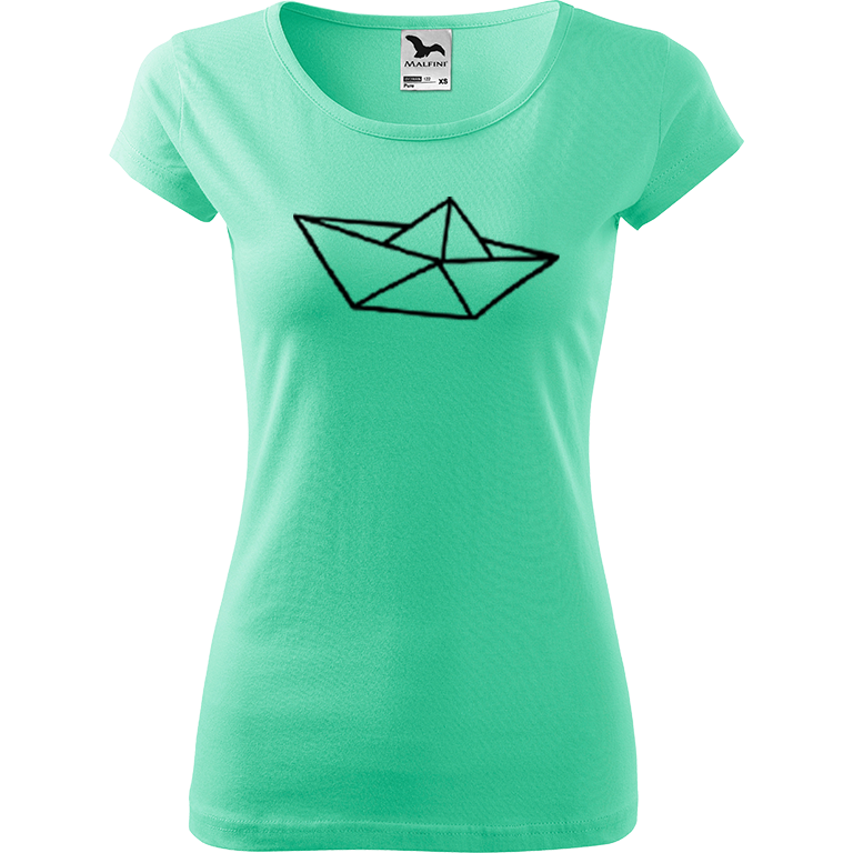 Ručně malované dámské bavlněné tričko - Papírová loďka 1 Barva trička: MÁTOVÁ, Velikost trička: L, Barva motivu: ČERNÁ