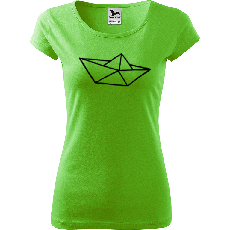 Ručně malované dámské bavlněné tričko - Papírová loďka 1 Barva trička: SVĚTLE ZELENÁ, Velikost trička: XS, Barva motivu: ČERNÁ