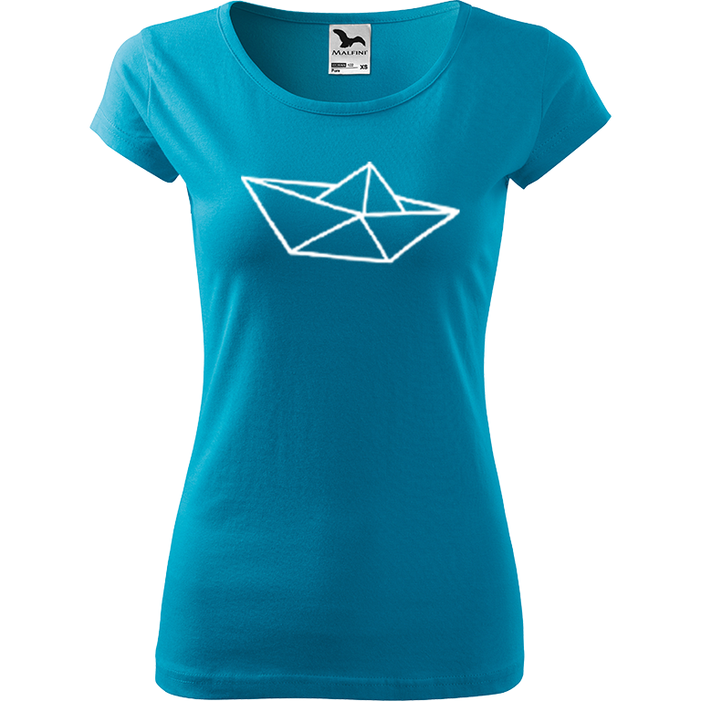 Ručně malované dámské bavlněné tričko - Papírová loďka 1 Barva trička: TYRKYSOVÁ, Velikost trička: XS, Barva motivu: BÍLÁ