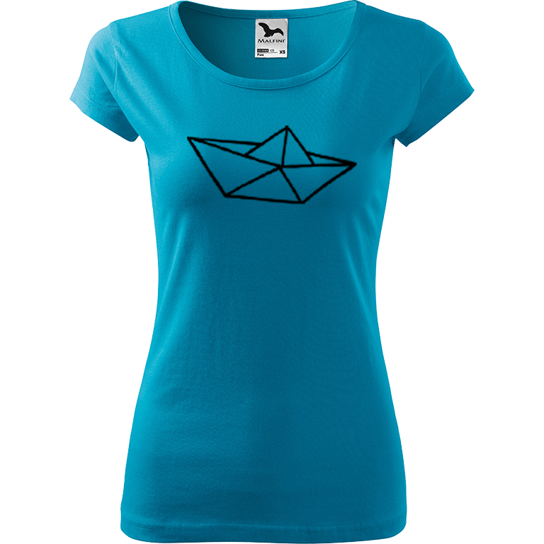 Ručně malované dámské bavlněné tričko - Papírová loďka 1 Barva trička: TYRKYSOVÁ, Velikost trička: XXL, Barva motivu: ČERNÁ
