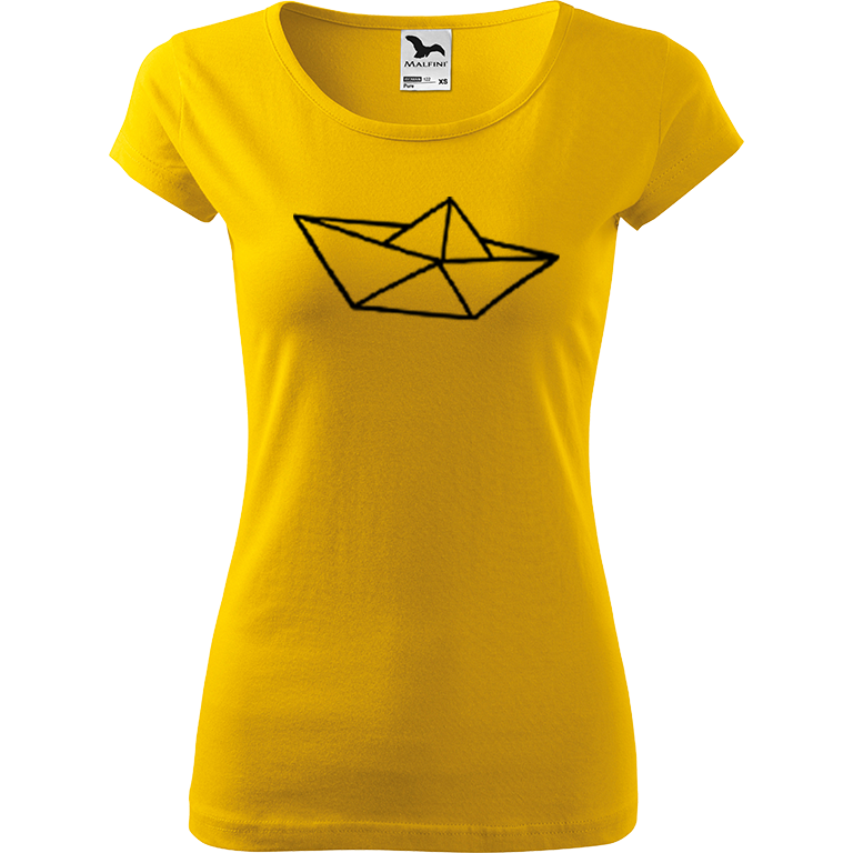 Ručně malované dámské bavlněné tričko - Papírová loďka 1 Barva trička: ŽLUTÁ, Velikost trička: S, Barva motivu: ČERNÁ