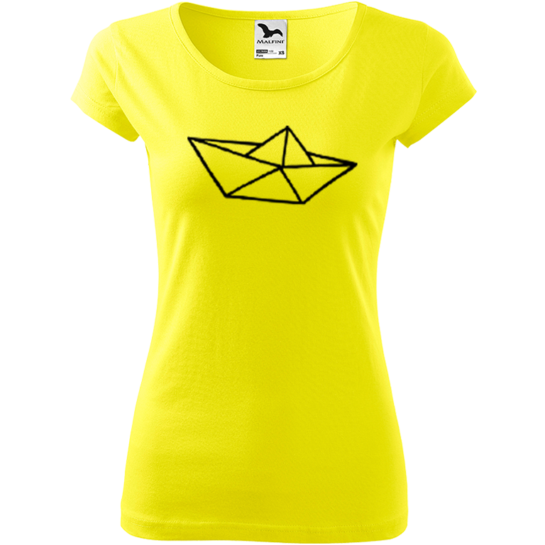 Ručně malované dámské bavlněné tričko - Papírová loďka 1 Barva trička: CITRONOVÁ, Velikost trička: S, Barva motivu: ČERNÁ