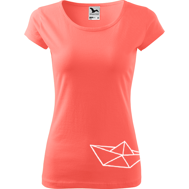 Ručně malované dámské bavlněné tričko - Papírová loďka 2 Barva trička: KORÁLOVÁ, Velikost trička: XL, Barva motivu: BÍLÁ