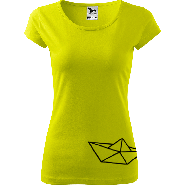 Ručně malované dámské bavlněné tričko - Papírová loďka 2 Barva trička: LIMETKOVÁ, Velikost trička: XXL, Barva motivu: ČERNÁ