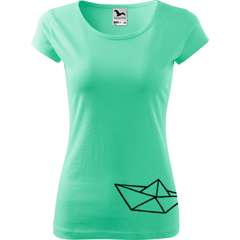 Ručně malované dámské bavlněné tričko - Papírová loďka 2 Barva trička: MÁTOVÁ, Velikost trička: XS, Barva motivu: ČERNÁ