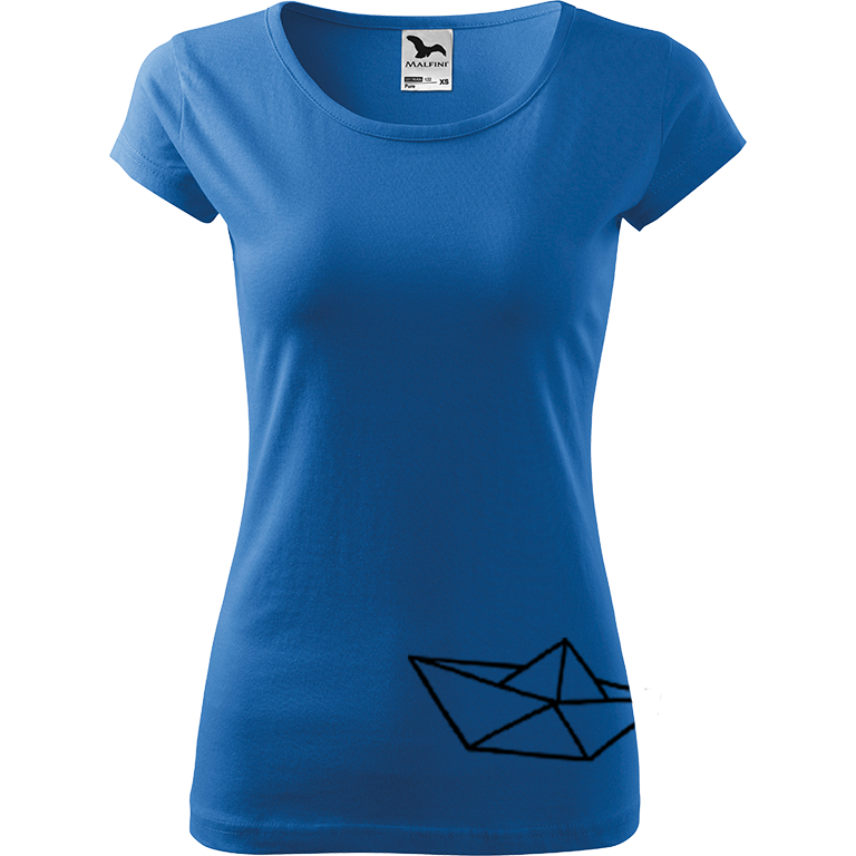 Ručně malované dámské bavlněné tričko - Papírová loďka 2 Barva trička: AZUROVÁ, Velikost trička: S, Barva motivu: ČERNÁ