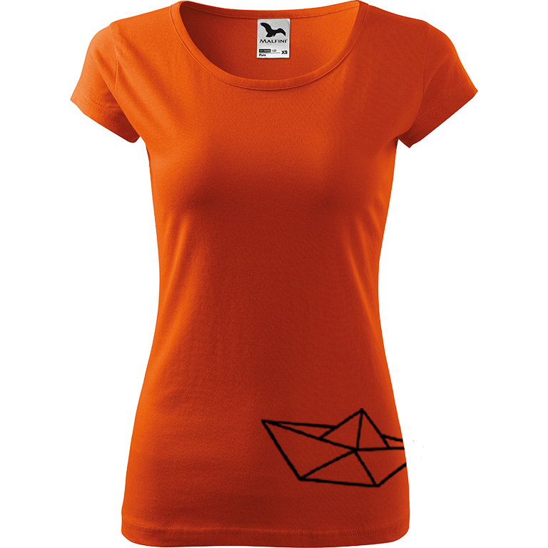 Ručně malované dámské bavlněné tričko - Papírová loďka 2 Barva trička: ORANŽOVÁ, Velikost trička: L, Barva motivu: ČERNÁ