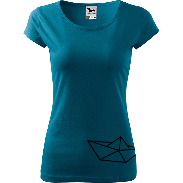 Ručně malované dámské bavlněné tričko - Papírová loďka 2 Barva trička: PETROLEJOVÁ, Velikost trička: S, Barva motivu: ČERNÁ