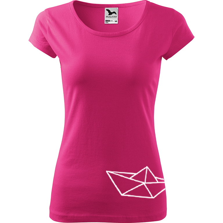 Ručně malované dámské bavlněné tričko - Papírová loďka 2 Barva trička: RŮŽOVÁ, Velikost trička: XS, Barva motivu: BÍLÁ